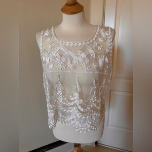 Handmade White Appliqué Trim Crop Top | Lightweight Cover Up | Size Medium